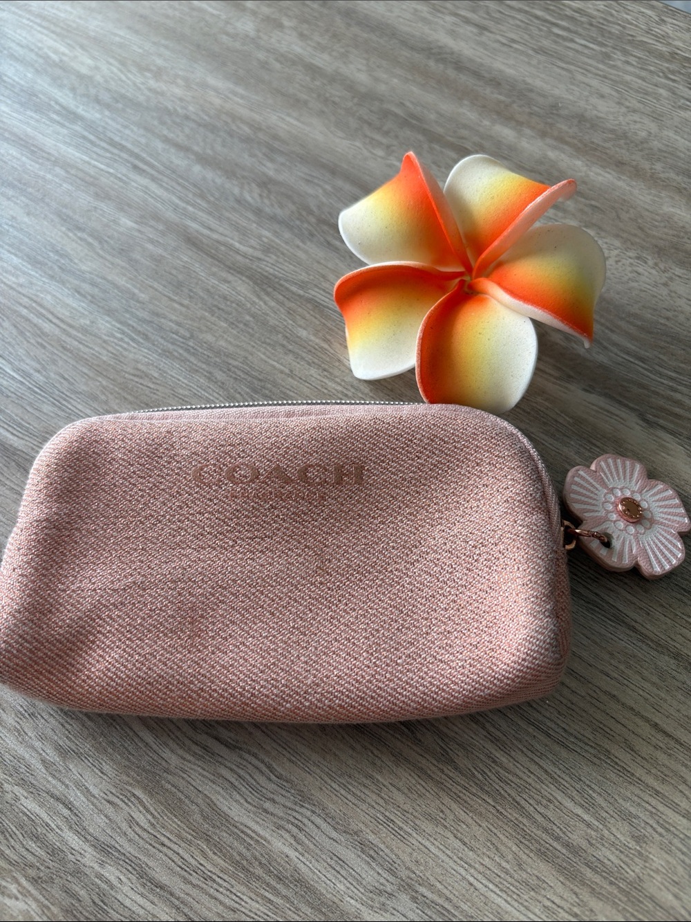 Coach Metallic Rose Gold Cosmetic Pouch with Flower Zip Charm